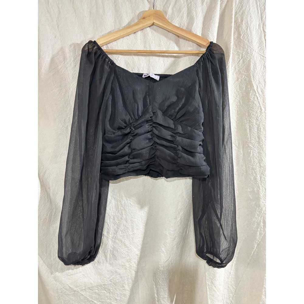 Women Black Metallic Ruched Long Sleeve Top Sweetheart Neck Smocked Whimsigoth S